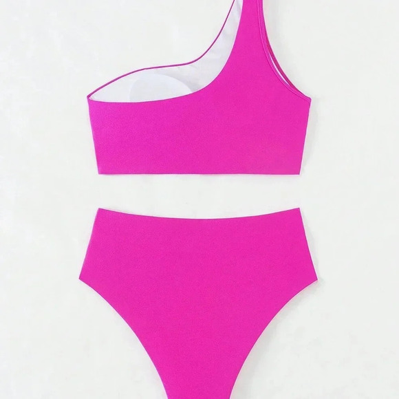 Hot Pink Elegant Women's Beach One Shoulder Sleeveless Bikini Set - Picture 2 of 7